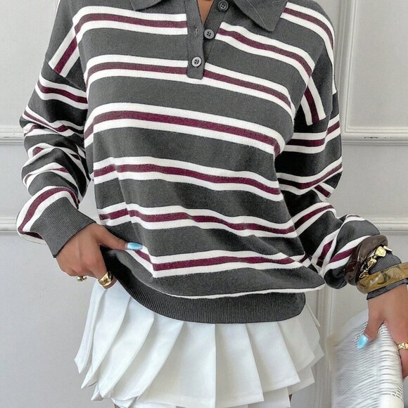 Dark Grey Women's Striped collar knit Sweater top - Picture 3 of 6